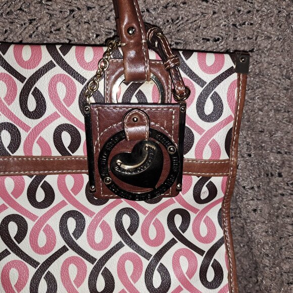 VINTAGE JUICY COUTURE-Y2K Geometric Pink/Brown Tote-Large Leather Charm-Excellen - Picture 2 of 13